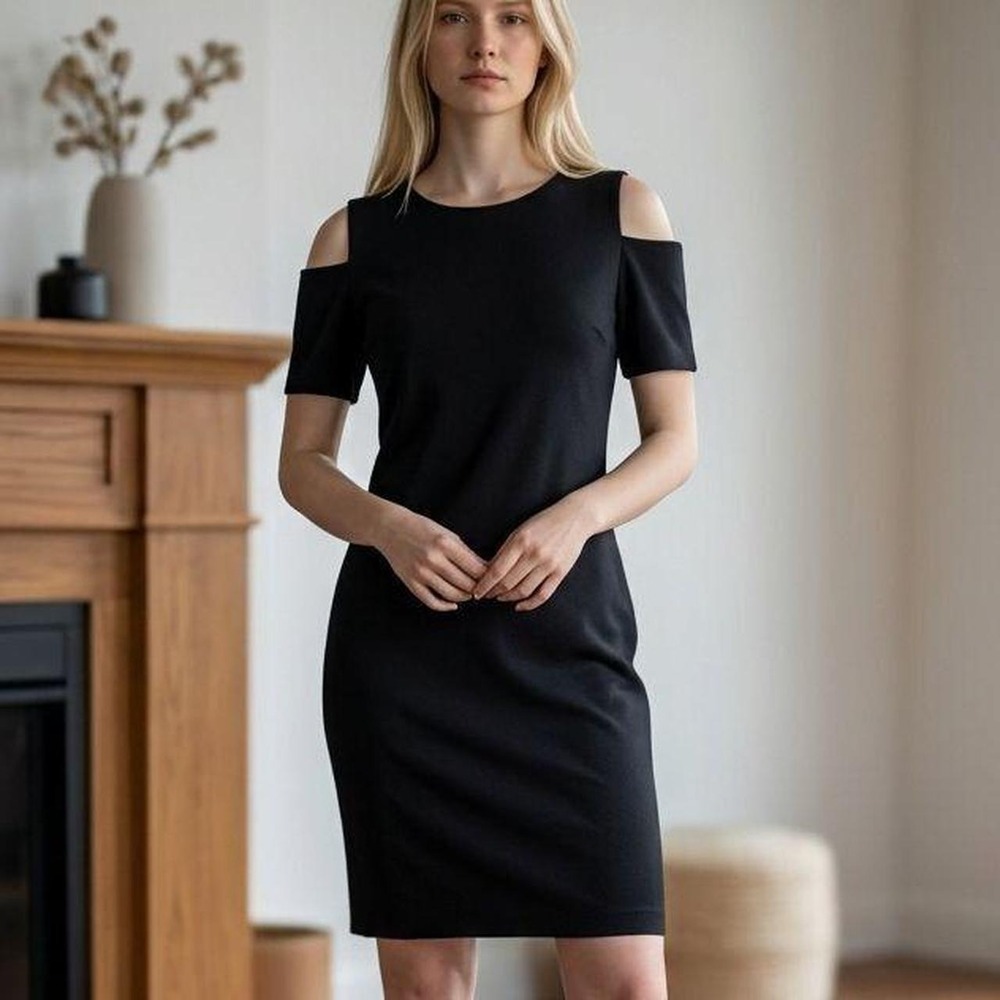 Tommy Hilfiger Black Cutout Shoulder Shift Dress Sz 10 Back Zipper LIned Darted